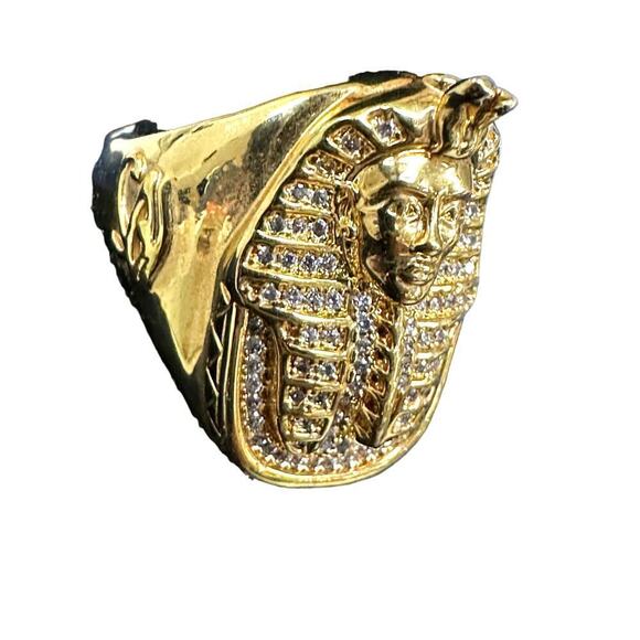 Huge Vintage King Ice Pharaoh Egyptian King Tut Gold Ring Mens 9 Crystal Studded - Picture 7 of 8